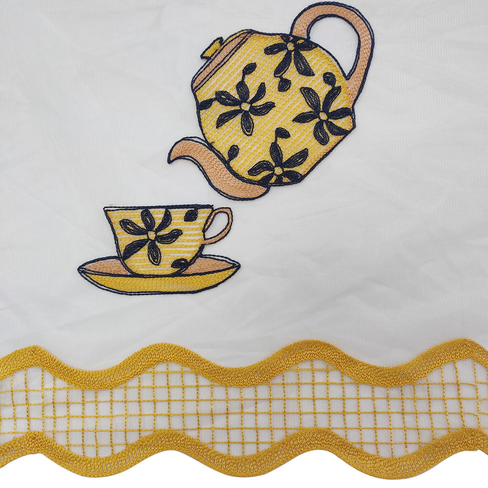 Modern Simplicity Teapot Design Embroidery Mesh Fabric Kitchen Curtain 