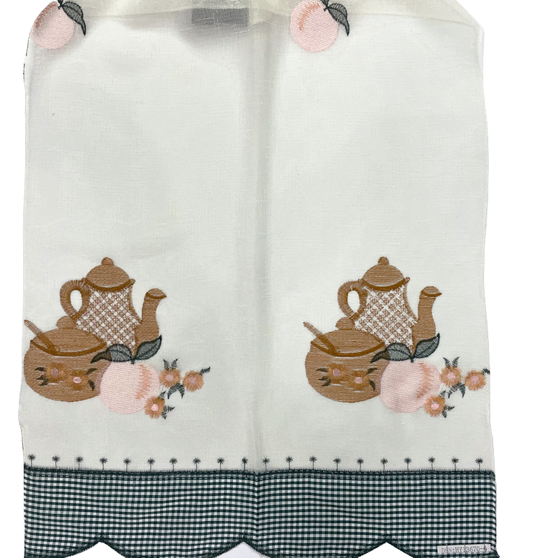 Teapot and Fruit Pattern Linen Embroidered Short Curtain Fabric for Kitchen 