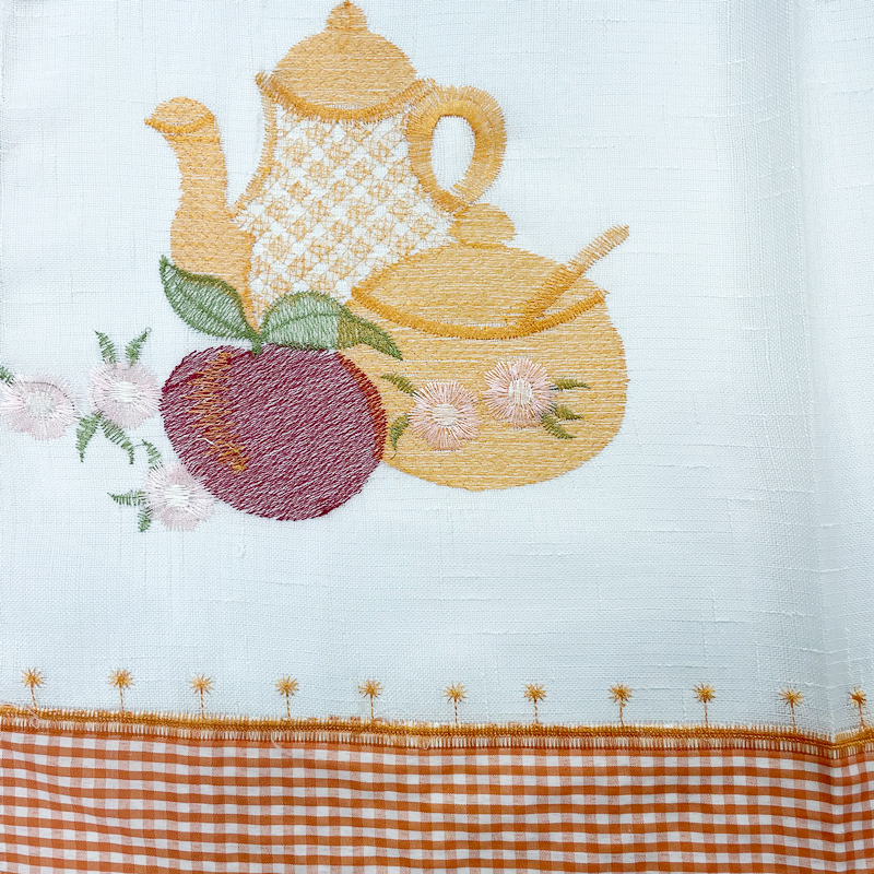 Teapot and Fruit Pattern Linen Embroidered Short Curtain Fabric for Kitchen 