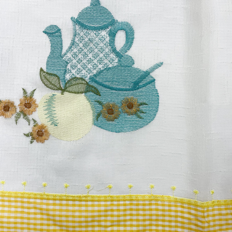 Teapot and Fruit Pattern Linen Embroidered Short Curtain Fabric for Kitchen 