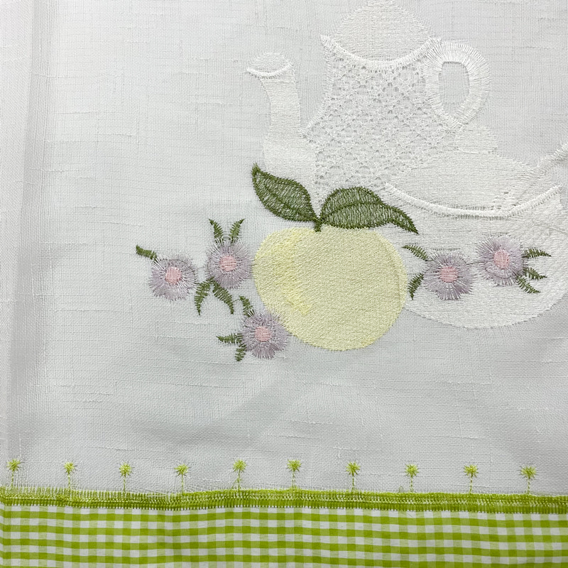 Teapot and Fruit Pattern Linen Embroidered Short Curtain Fabric for Kitchen 