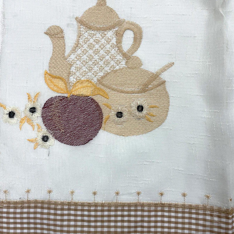 Teapot and Fruit Pattern Linen Embroidered Short Curtain Fabric for Kitchen 