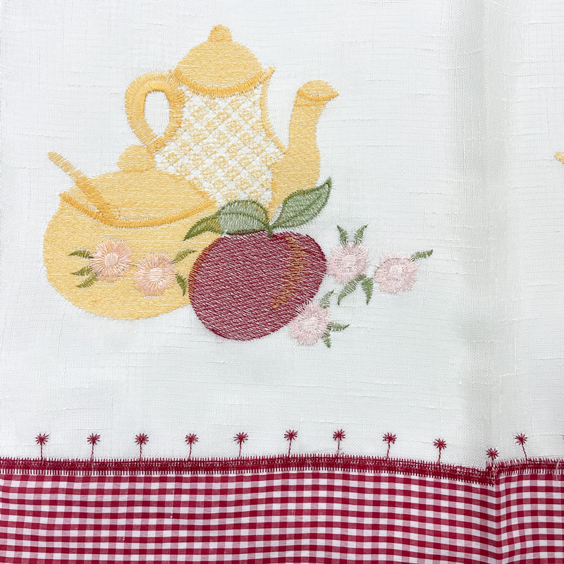 Teapot and Fruit Pattern Linen Embroidered Short Curtain Fabric for Kitchen 