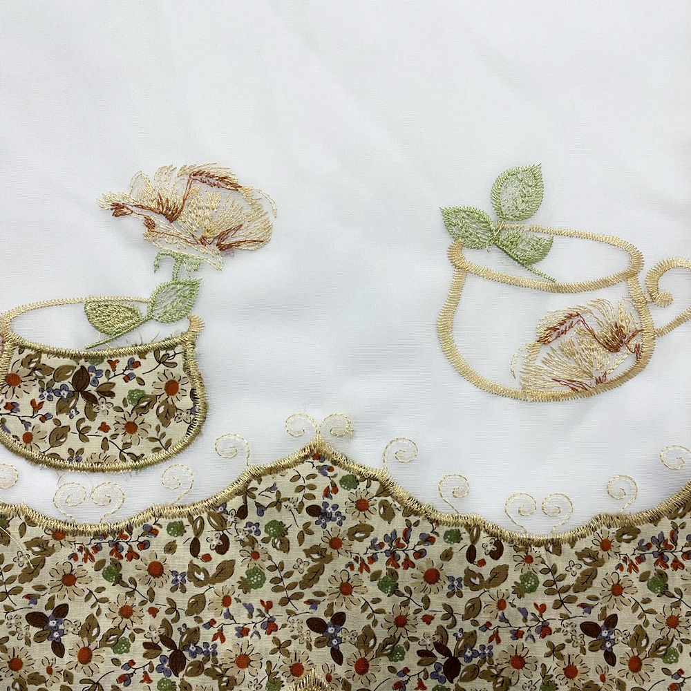 Small Floral Applique Teacup Patter Design Terylene Linen Embroidery Curtain Fabric