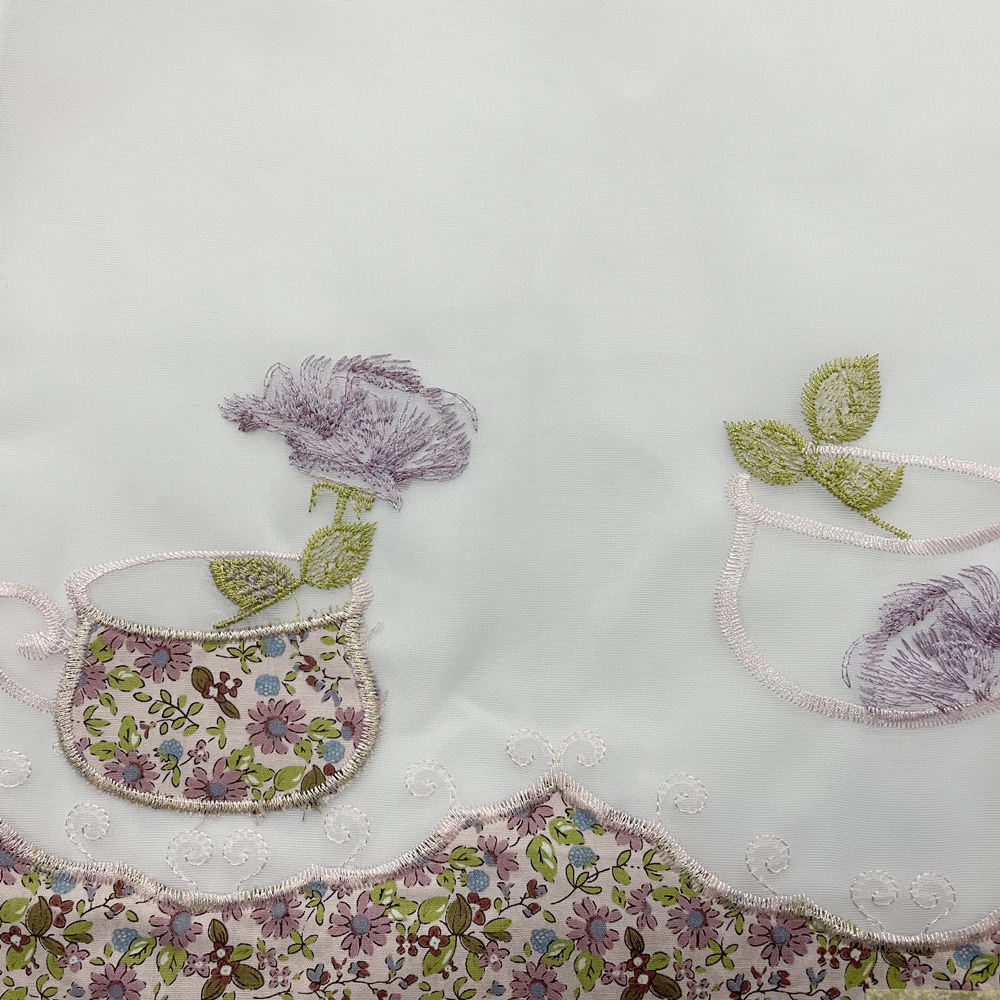 Small Floral Applique Teacup Patter Design Terylene Linen Embroidery Curtain Fabric