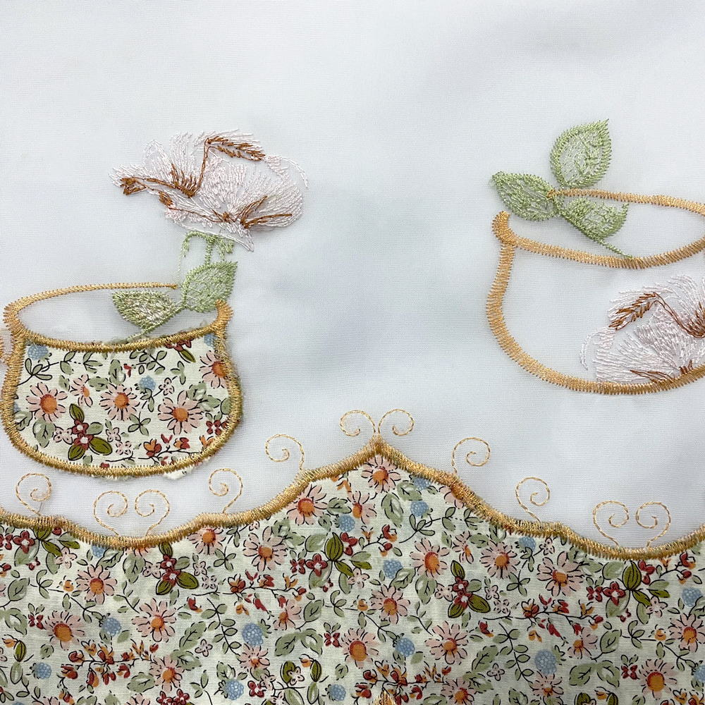 Small Floral Applique Teacup Patter Design Terylene Linen Embroidery Curtain Fabric