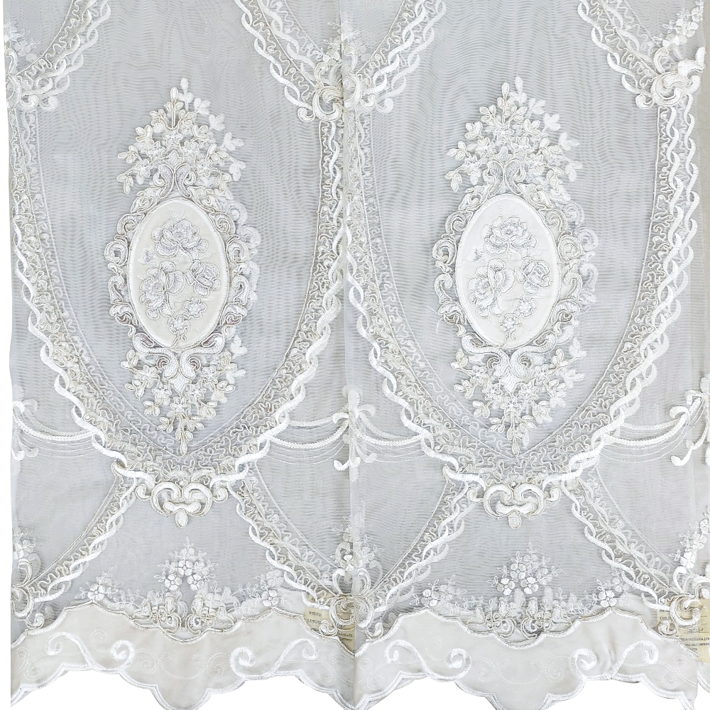 Court Style White High-end Heavy Beaded Corded Embroidery Mesh Curtain Fabric 