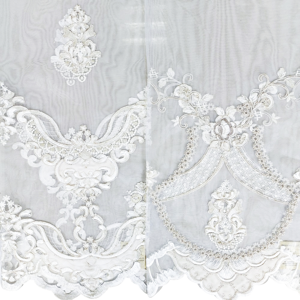 Court Style White High-end Heavy Beaded Corded Embroidery Mesh Curtain Fabric 