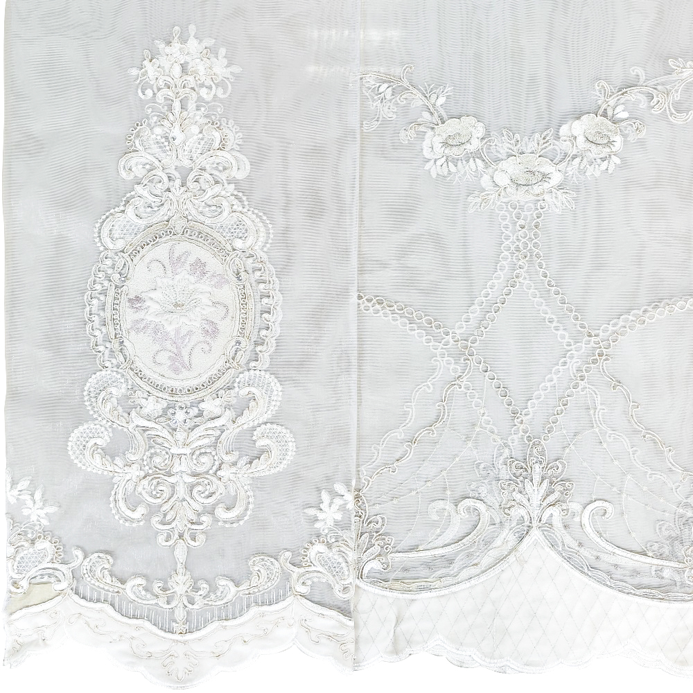 Court Style White High-end Heavy Beaded Corded Embroidery Mesh Curtain Fabric 