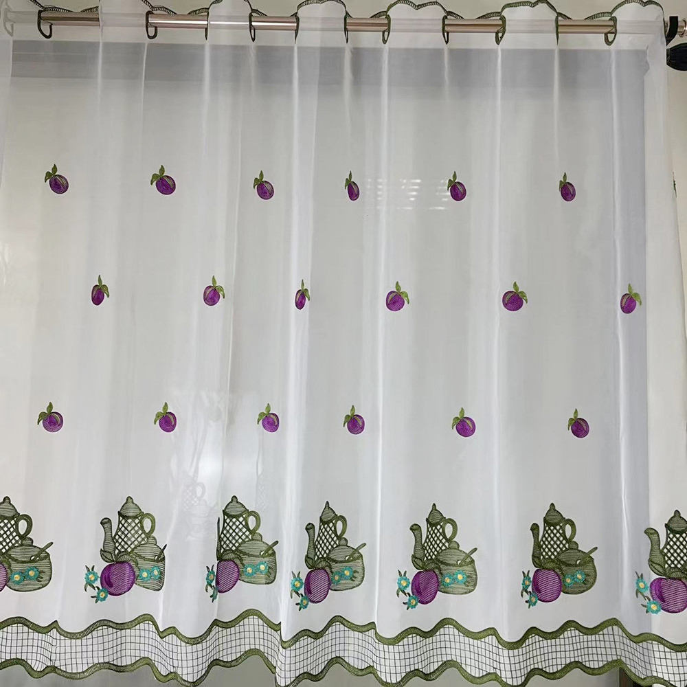 Retro Pastoral Style Teapot Eyelet Embroidery Sheer Kitchen Window Curtain 