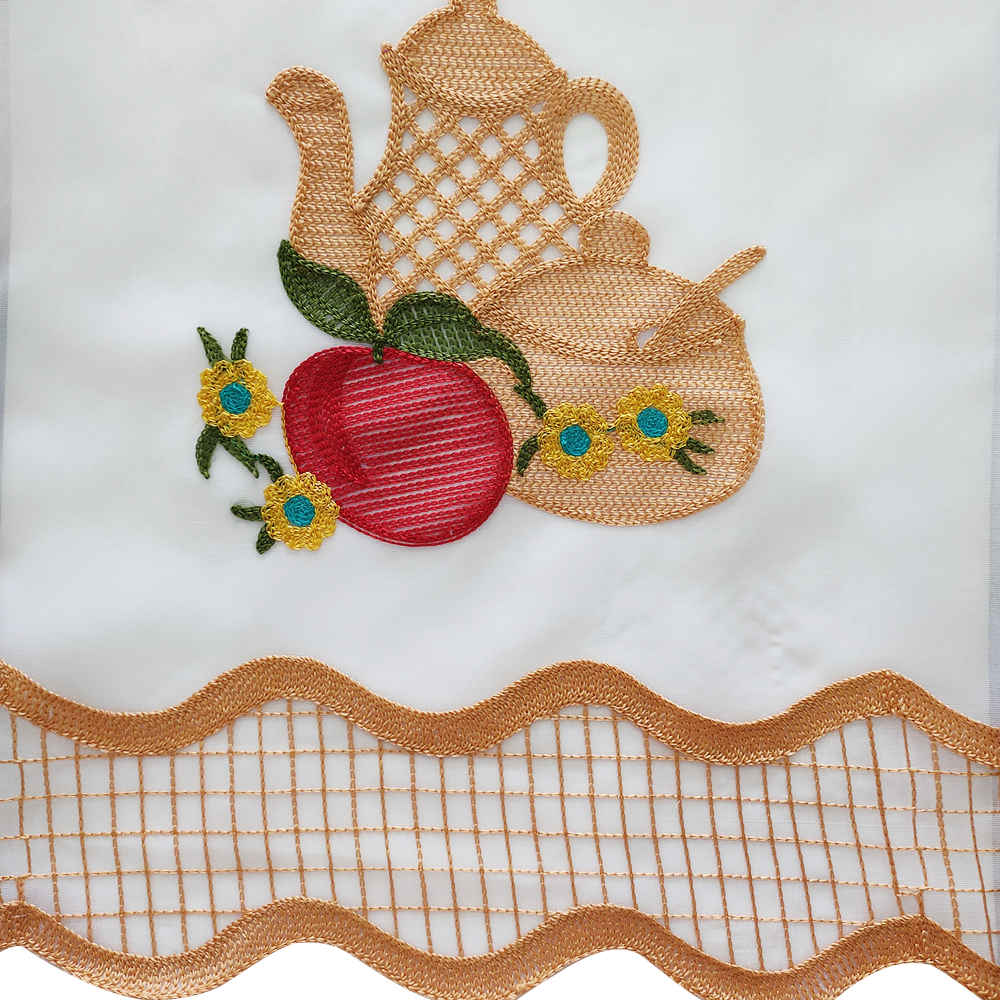 Retro Pastoral Style Teapot Eyelet Embroidery Sheer Kitchen Window Curtain 