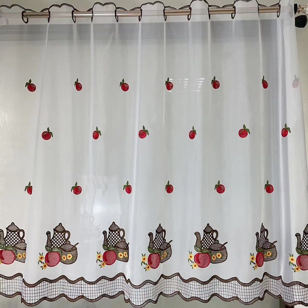 Retro Pastoral Style Teapot Eyelet Embroidery Sheer Kitchen Window Curtain 