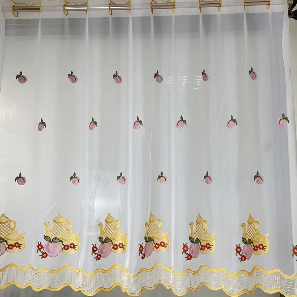 Retro Pastoral Style Teapot Eyelet Embroidery Sheer Kitchen Window Curtain 