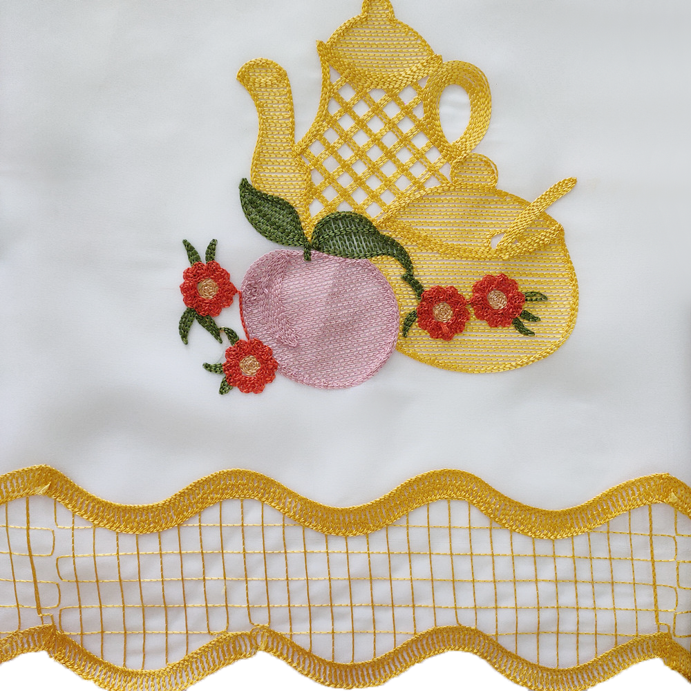 Retro Pastoral Style Teapot Eyelet Embroidery Sheer Kitchen Window Curtain 