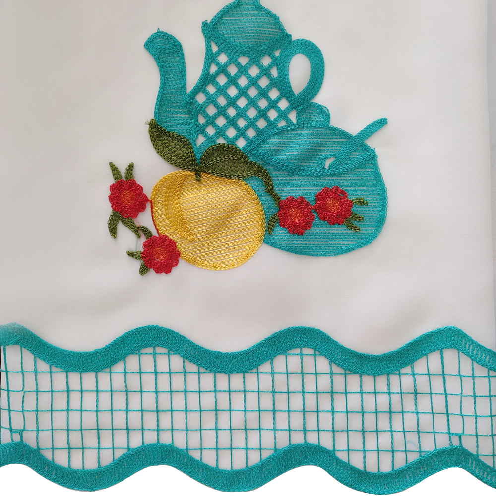 Retro Pastoral Style Teapot Eyelet Embroidery Sheer Kitchen Window Curtain 