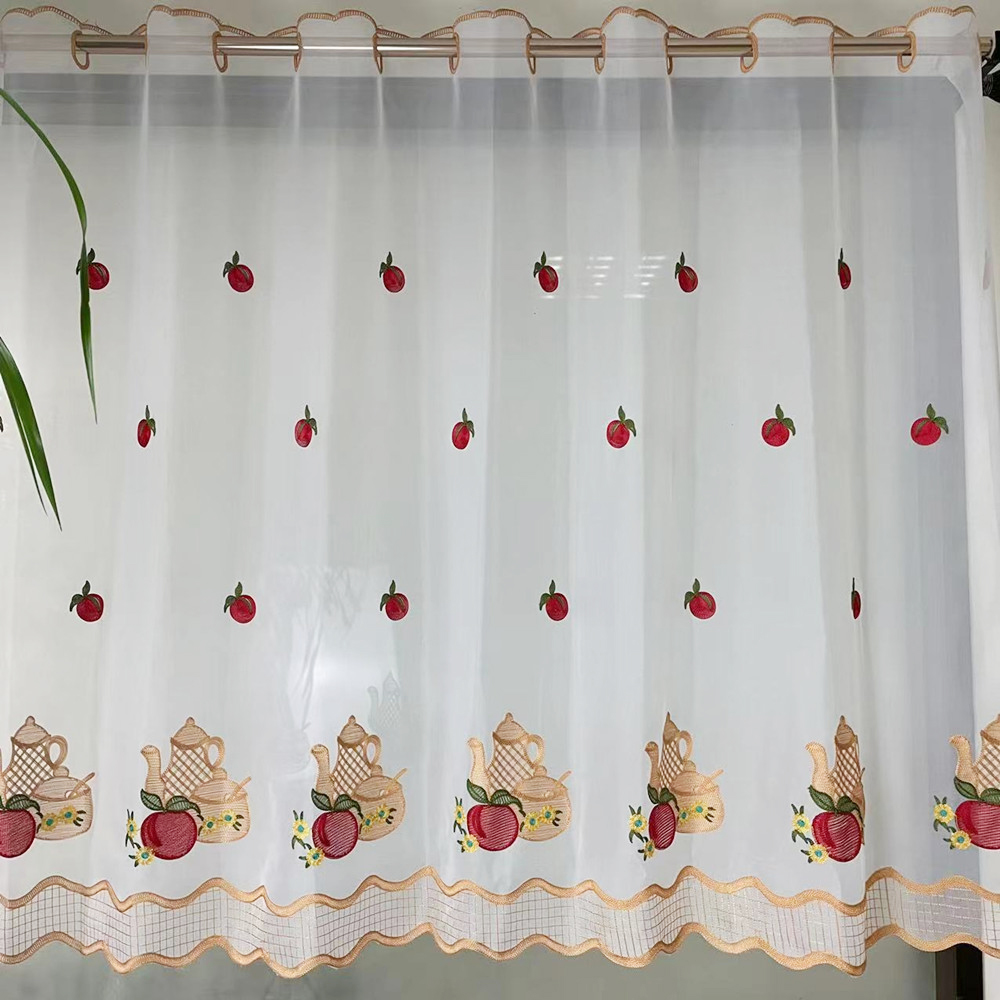 Retro Pastoral Style Teapot Eyelet Embroidery Sheer Kitchen Window Curtain 