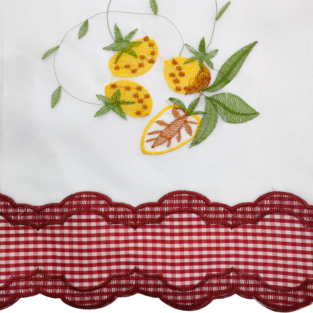 Terylene Yarn Strawberry Embroidered Plaid Tape Fabric for Cafe Kitchen Curtains